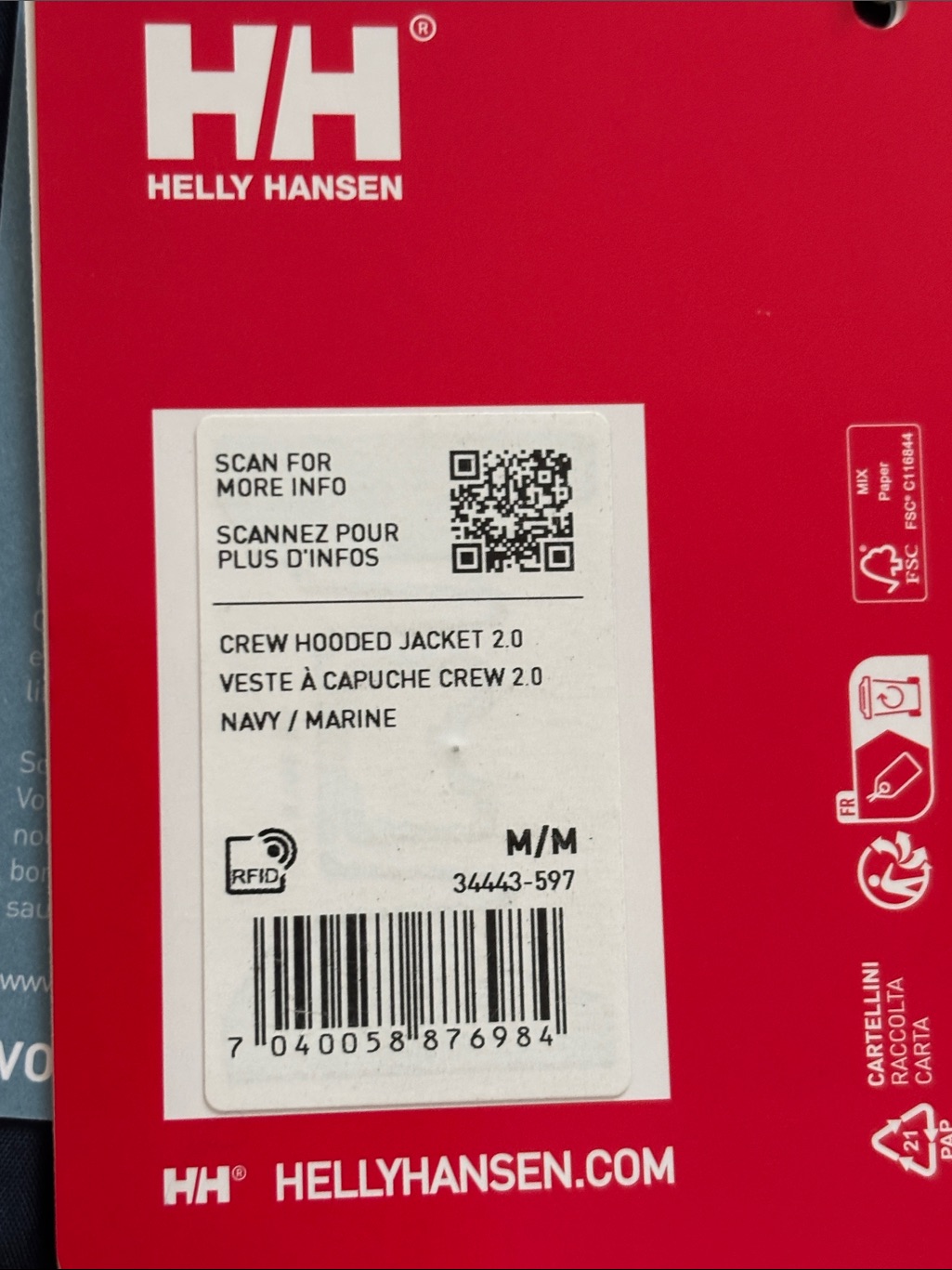 New Helly Hansen Crew Hooded Jacket Navy Sz Medium — image 7 of 8